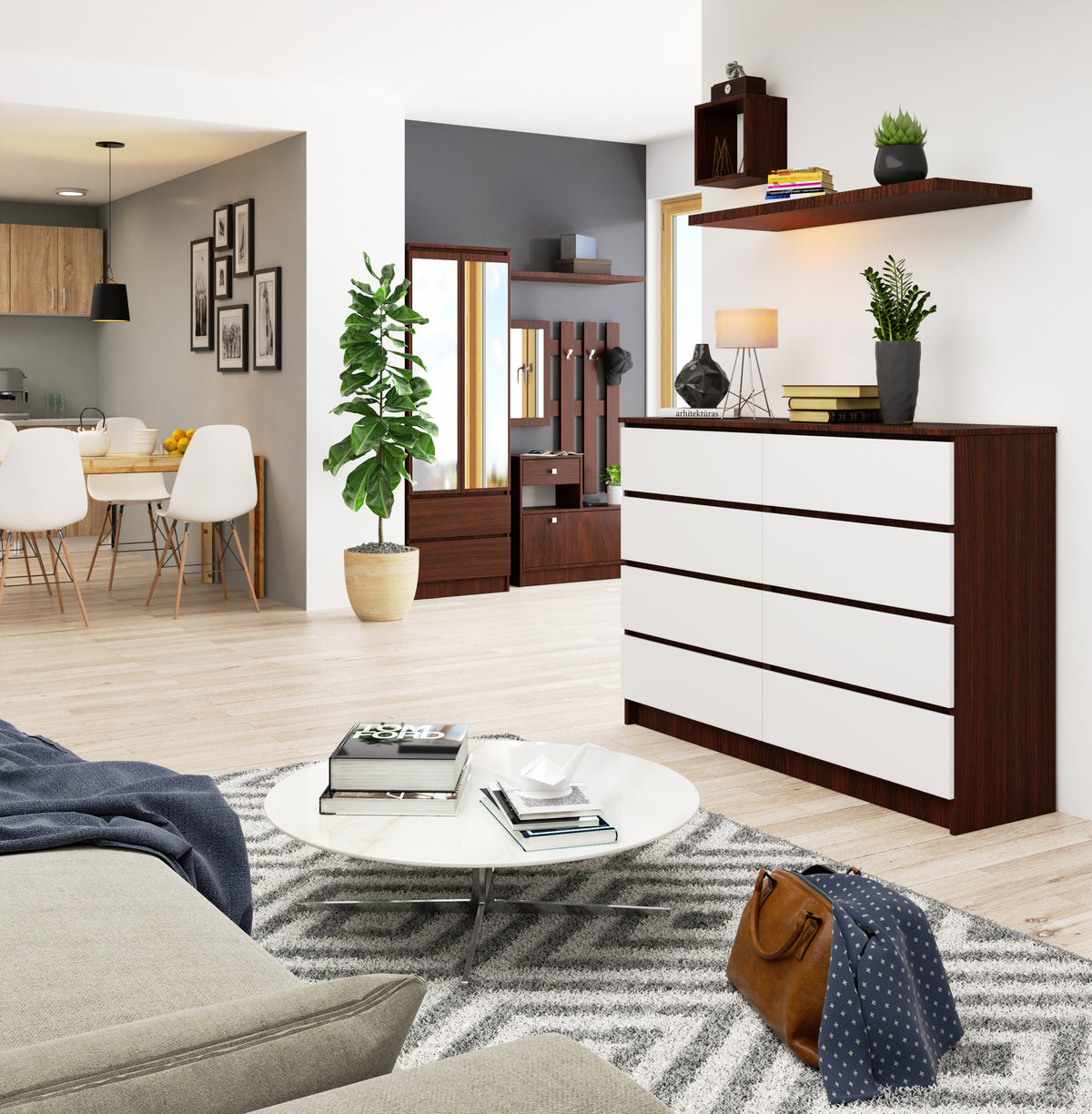 Cassettiera Linea 140 cm 8 Cassetti – Wengé/Bianco