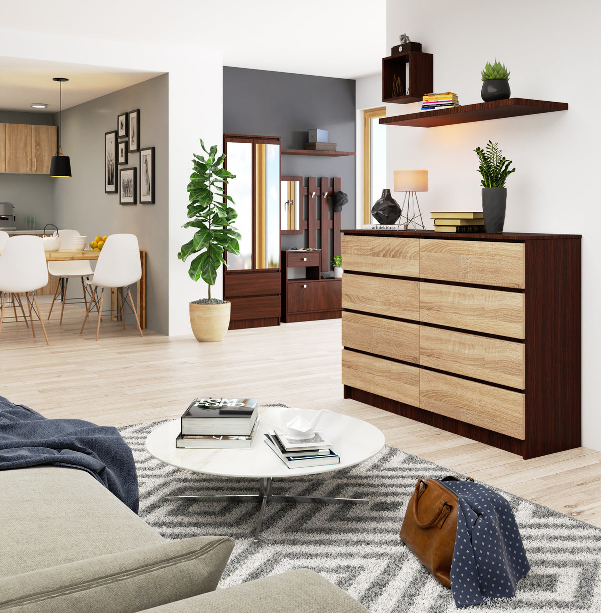 Cassettiera 140 cm 8 Cassetti – Wengé/Rovere Sonoma
