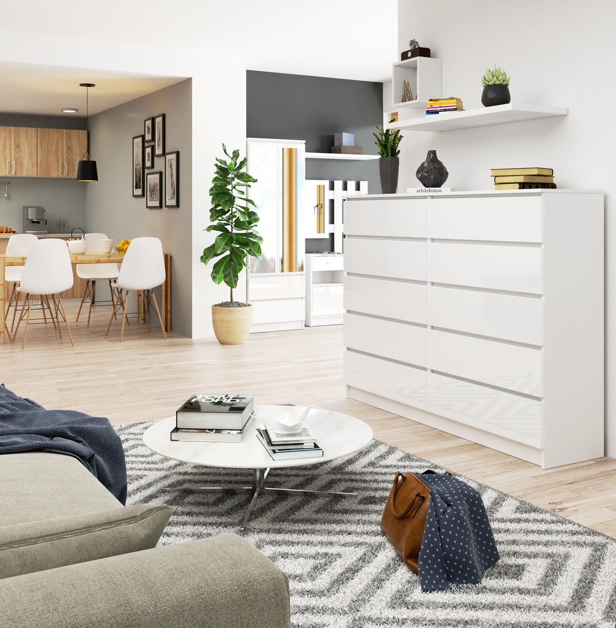 Credenza Linea 160 cm 10 Cassetti – Bianco Lucido