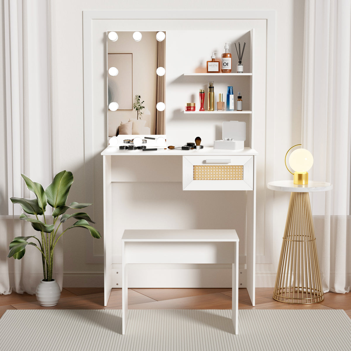 Toeletta Bianca con LED e Cassetti Legno