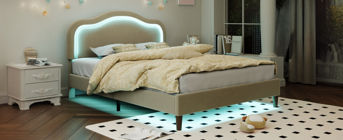 Letto Full Size Velluto Beige con LED