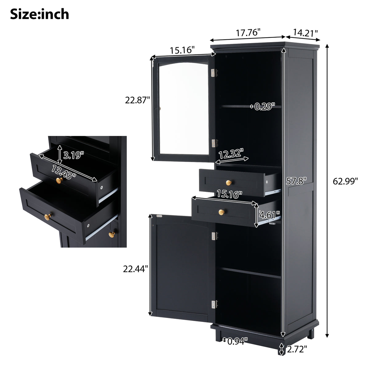 Mobile Bagno Alto Nero con Ante Vetro