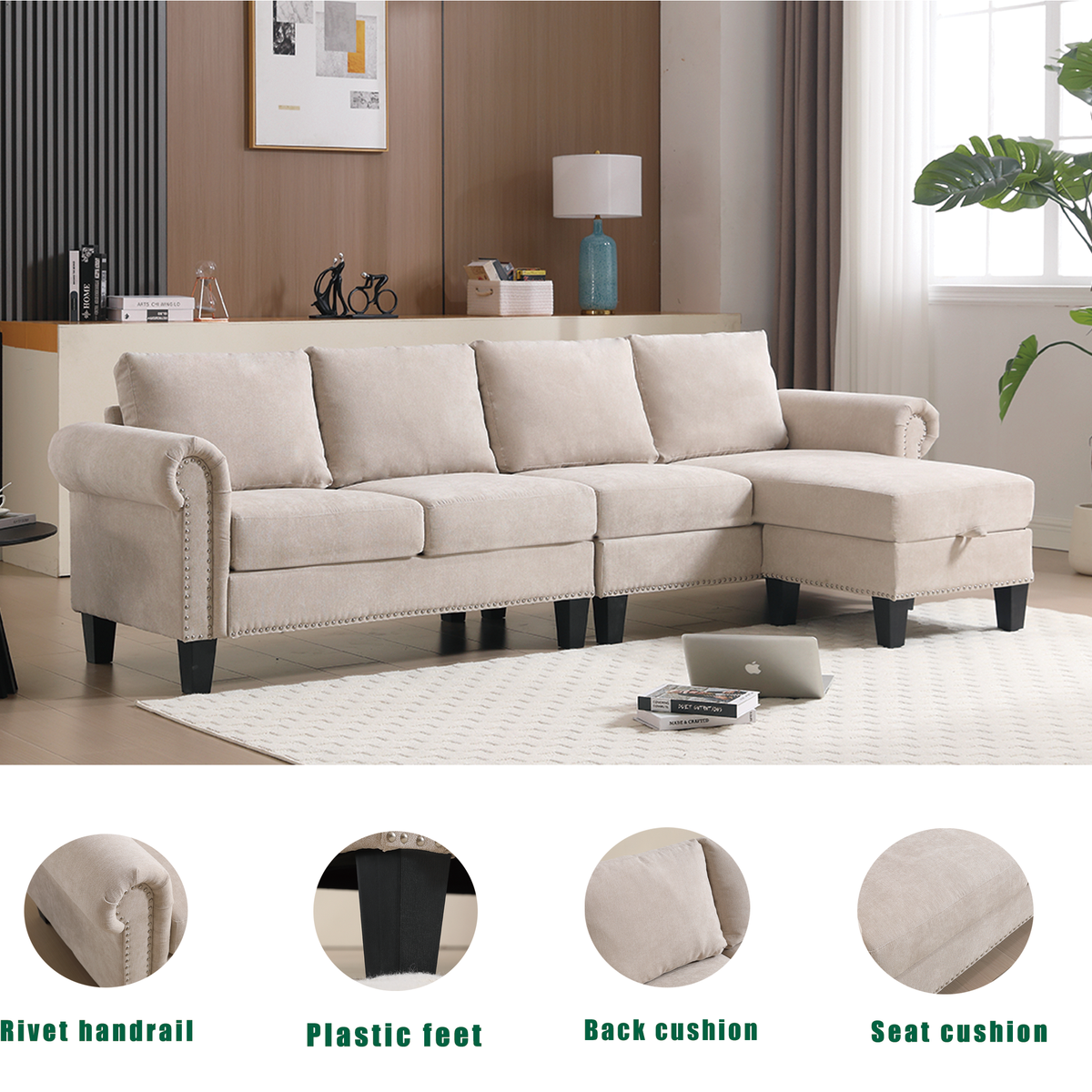 Divano Angolare Lino Beige 4 Posti