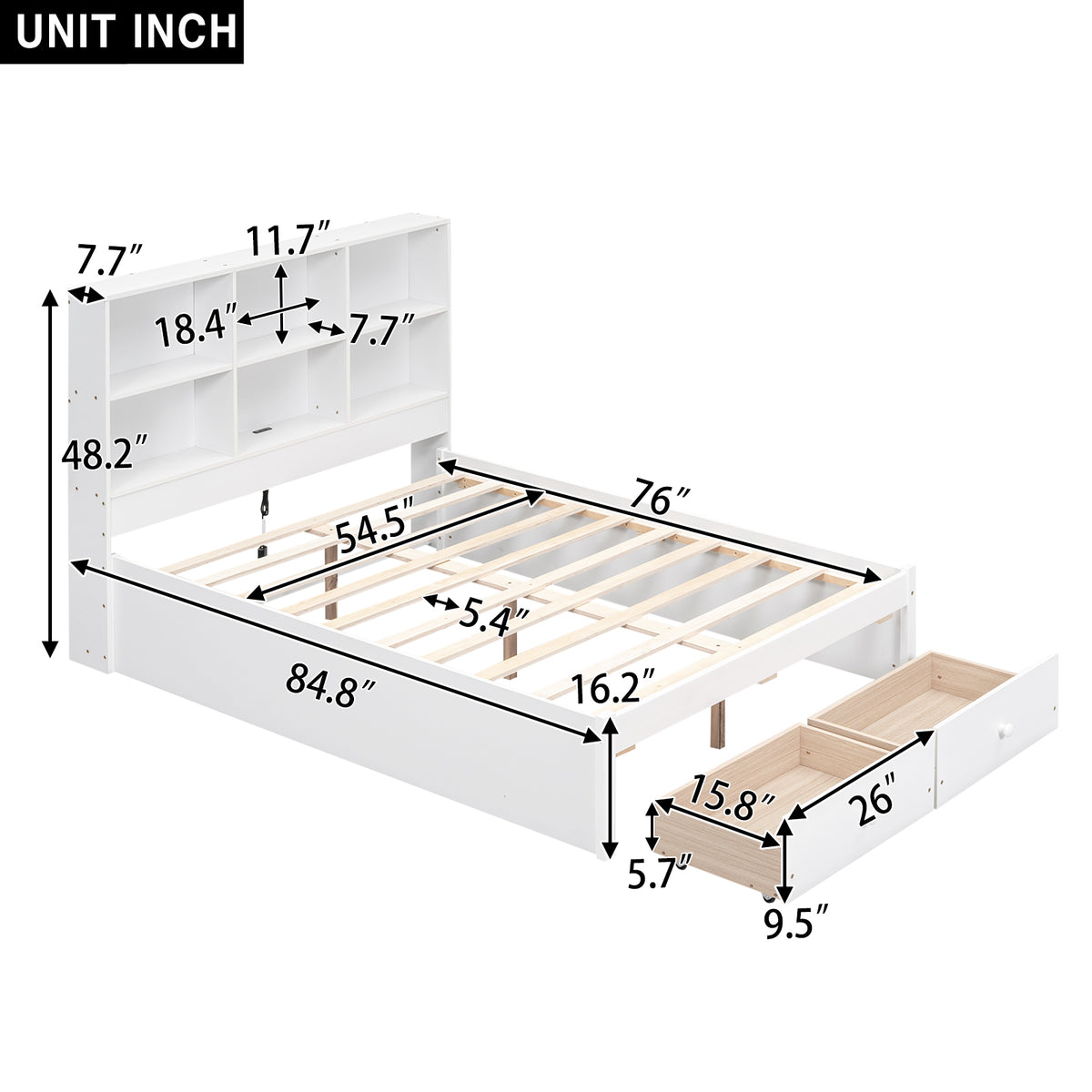 Letto Piattaforma Full con Testata, Ricarica e Cassetti — Bianco