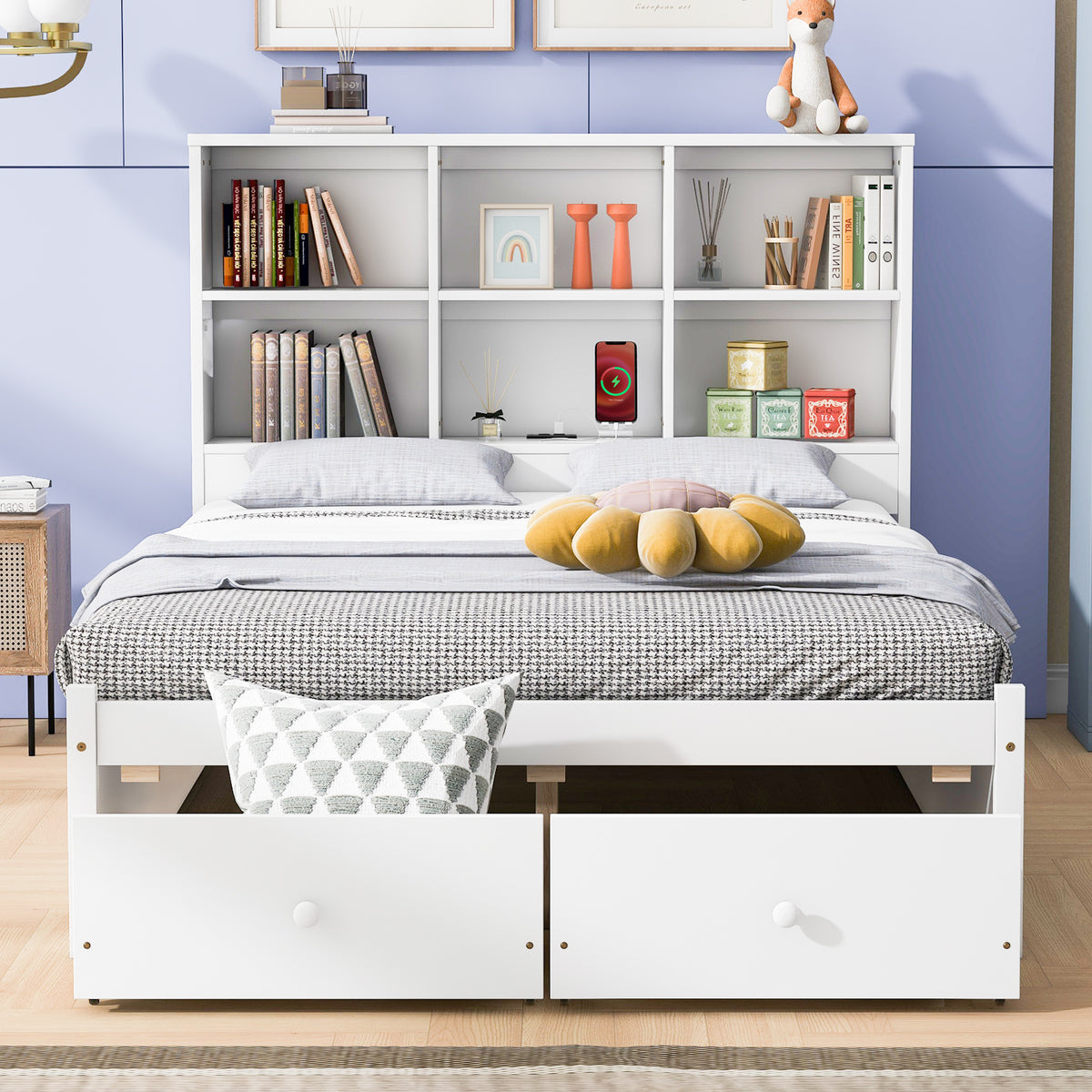 Letto Piattaforma Full con Testata, Ricarica e Cassetti — Bianco
