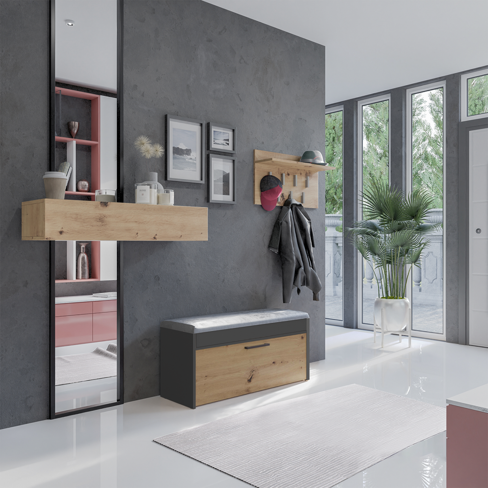 Scarpiera Nobile 100 cm con Seduta e Vano – Antracite Rovere Artisan