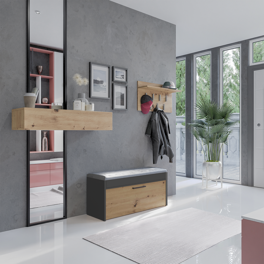 Scarpiera Nobile 100 cm con Seduta e Vano – Antracite Rovere Artisan