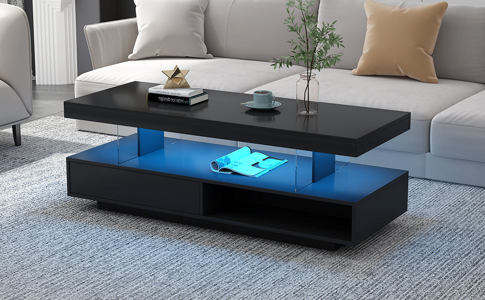 Tavolino Caffè LED Nero 2 Cassetti