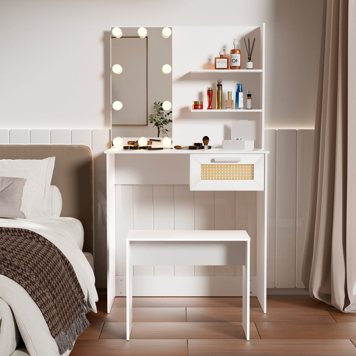 Toeletta Bianca con LED e Cassetti Legno