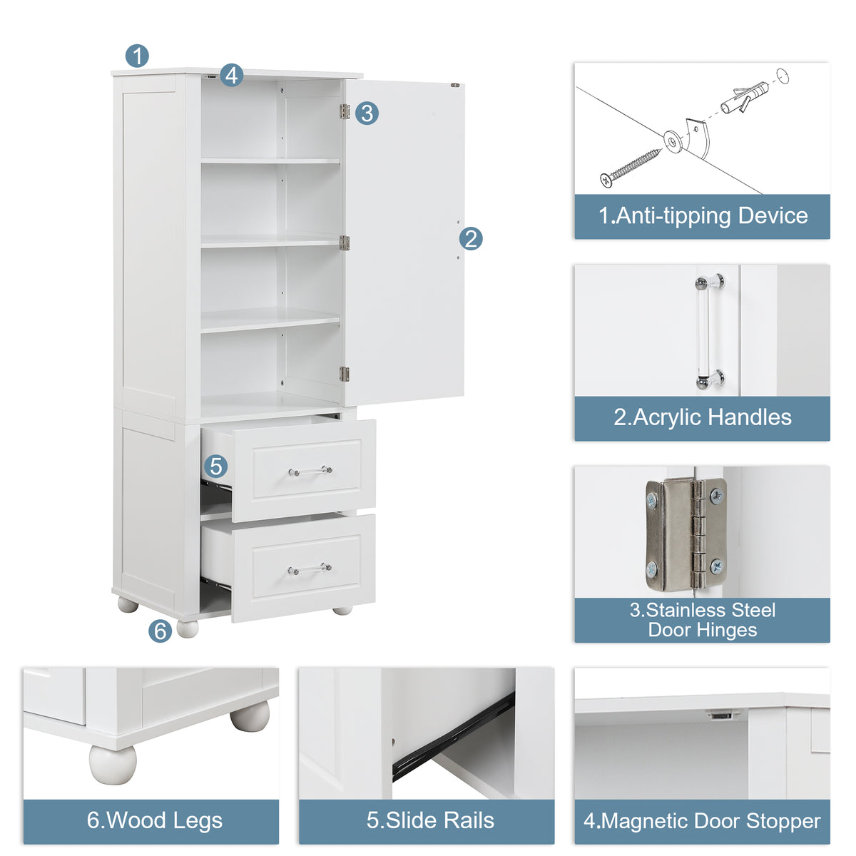 Armadietto Bagno Alto con Cassetti e Ripiano Regolabile