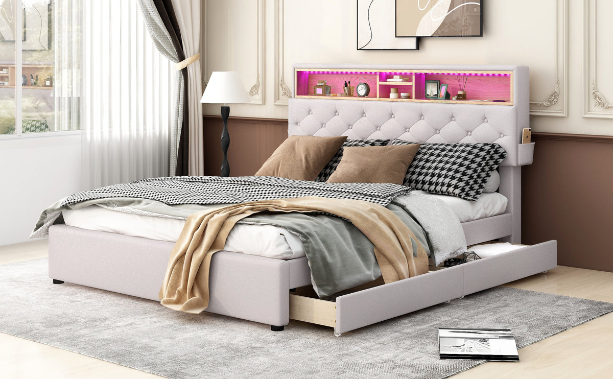Letto Queen con LED e Ricarica USB Beige