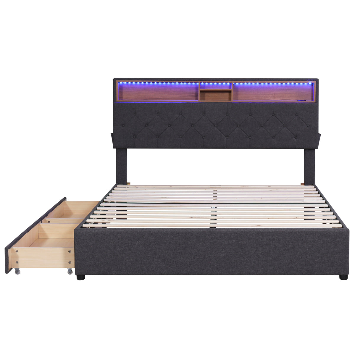 Letto Queen con LED e Ricarica USB Grigio Scuro