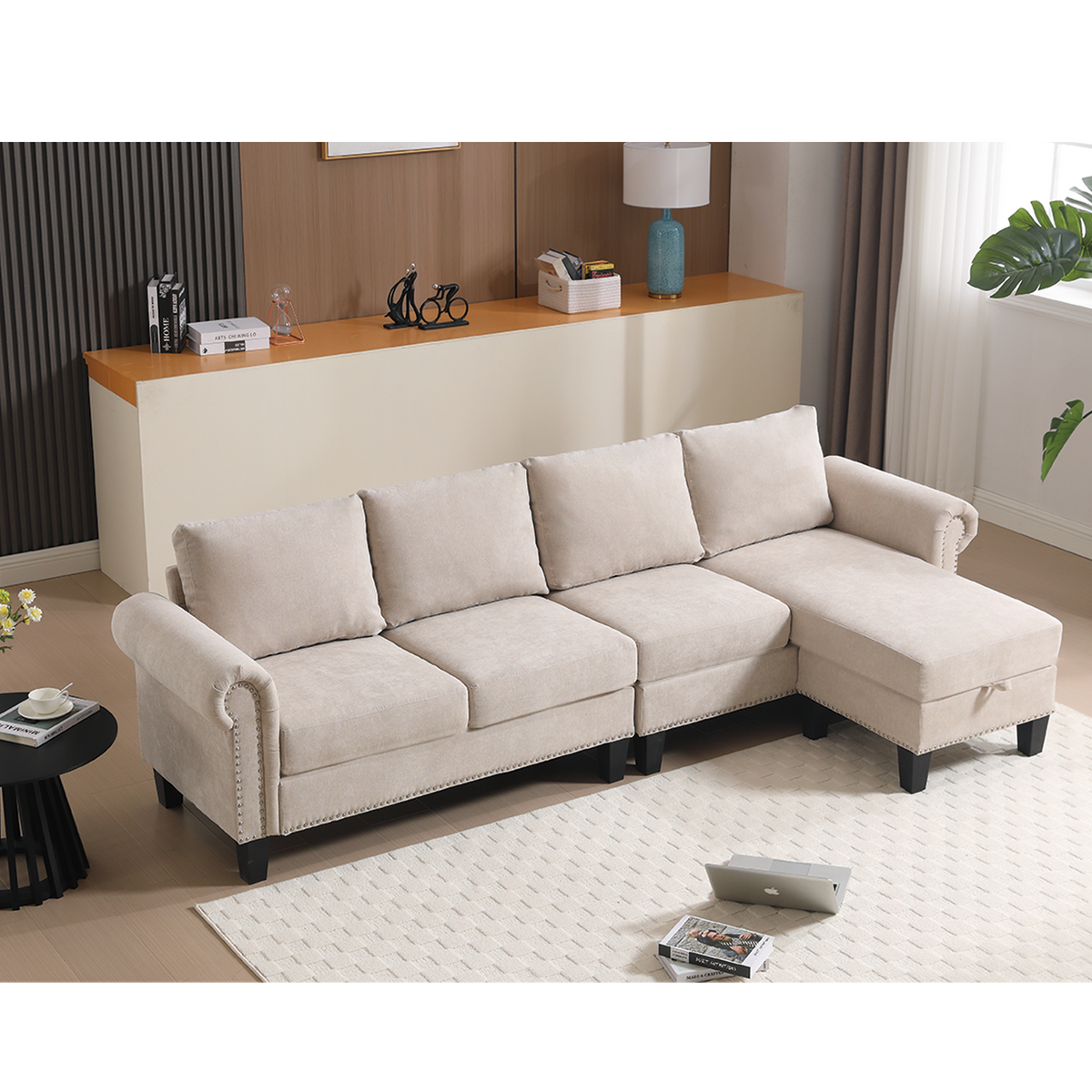 Divano Angolare Lino Beige 4 Posti