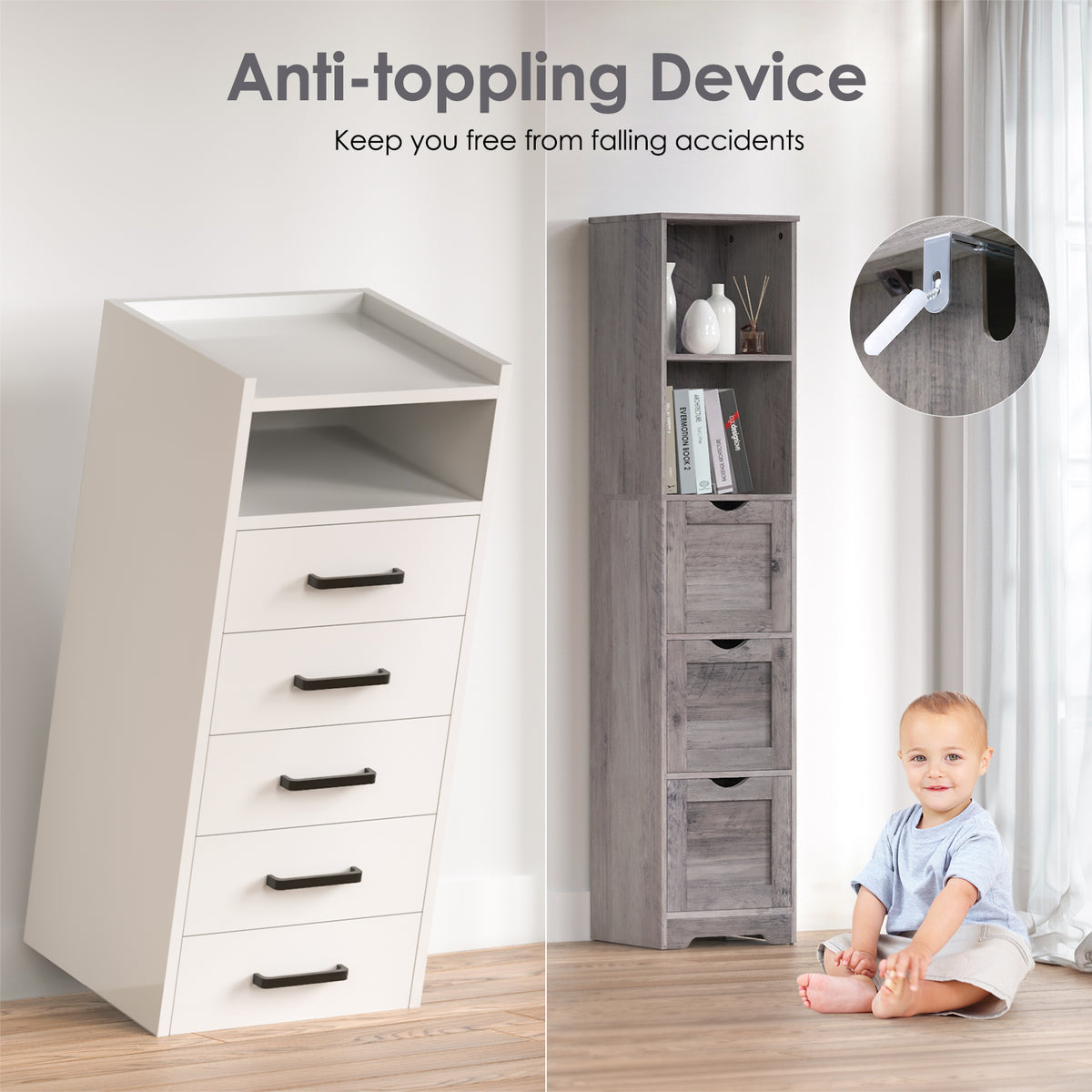 Mobile Bagno Alto 3 Cassetti 2 Mensole Grigio