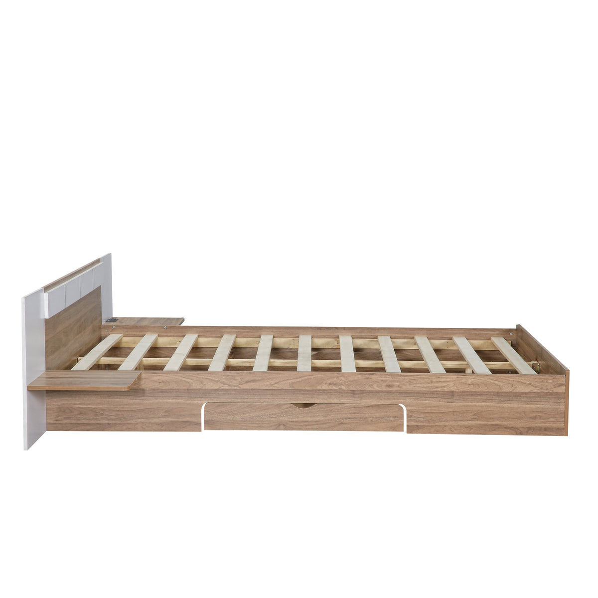 Letto Matrimoniale in Legno con Cassetti, Ripiani, Porte USB e Prese - Naturale