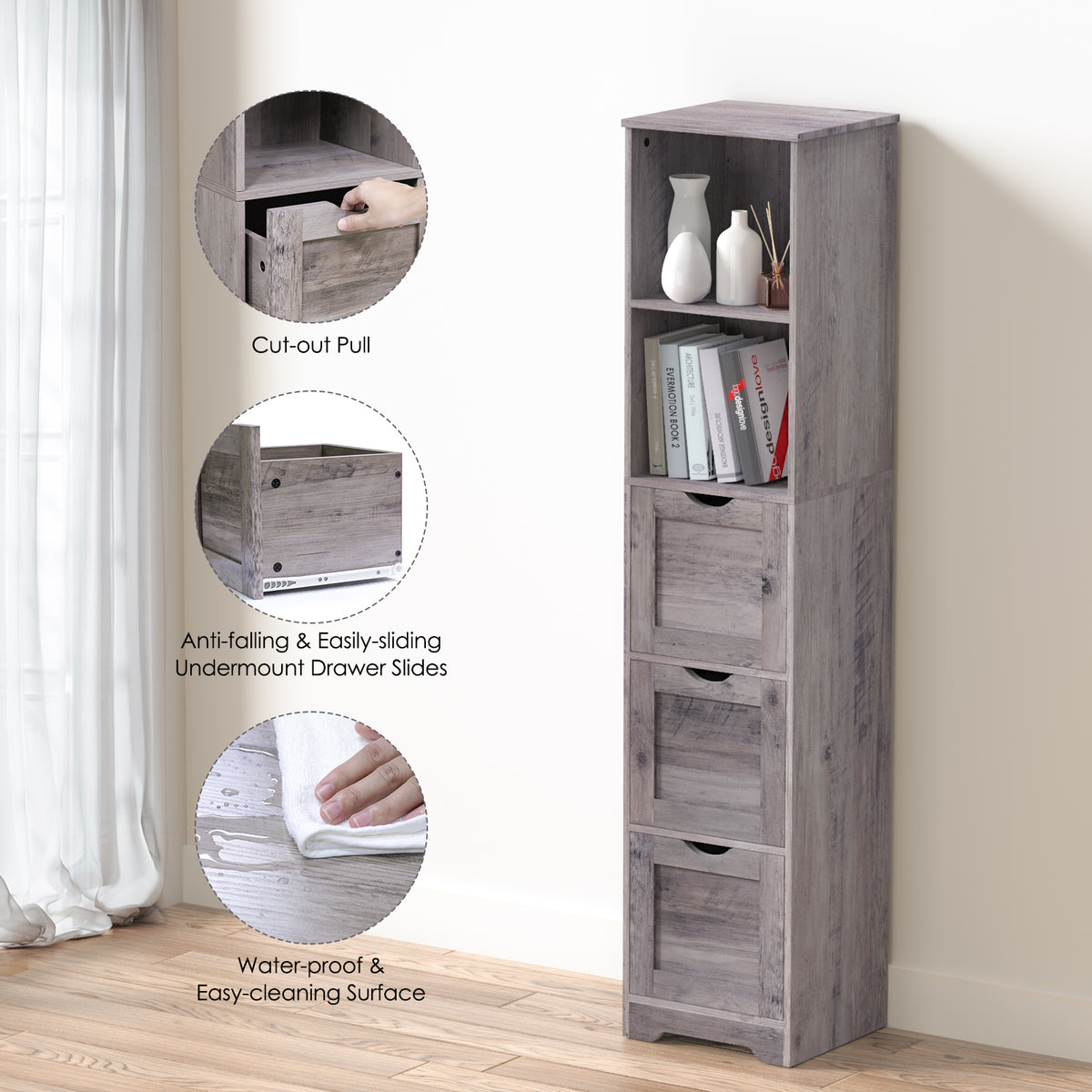 Mobile Bagno Alto 3 Cassetti 2 Mensole Grigio