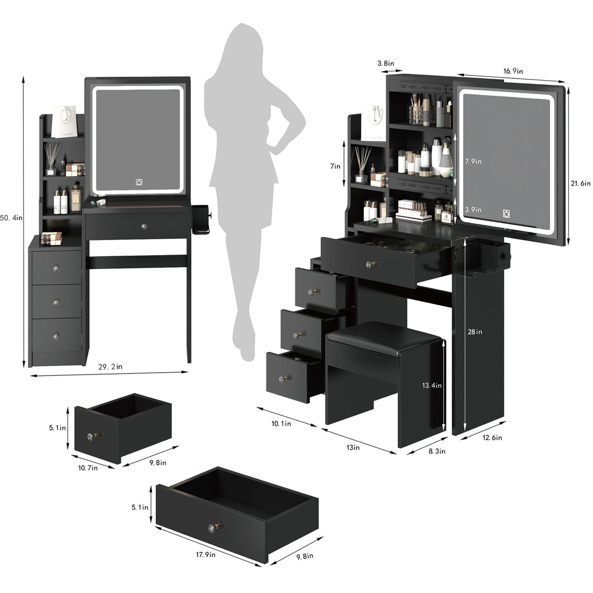Toeletta Nera Compatta con USB e LED