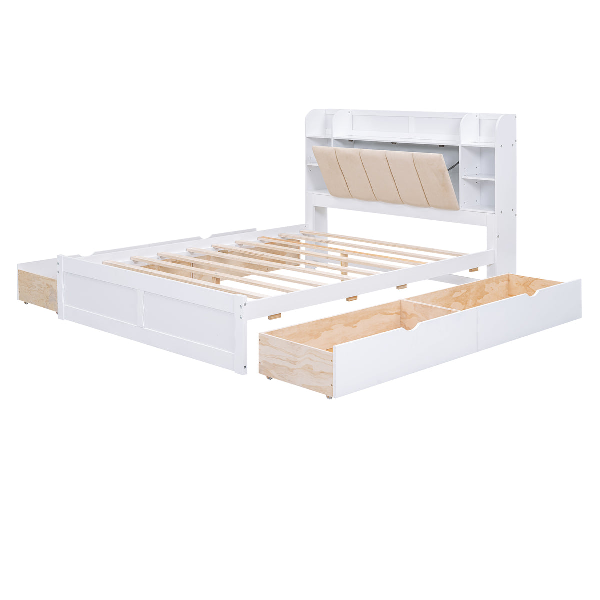Letto Matrimoniale in Legno con Testiera Contenitore, Ripiani e 4 Cassetti - Bianco