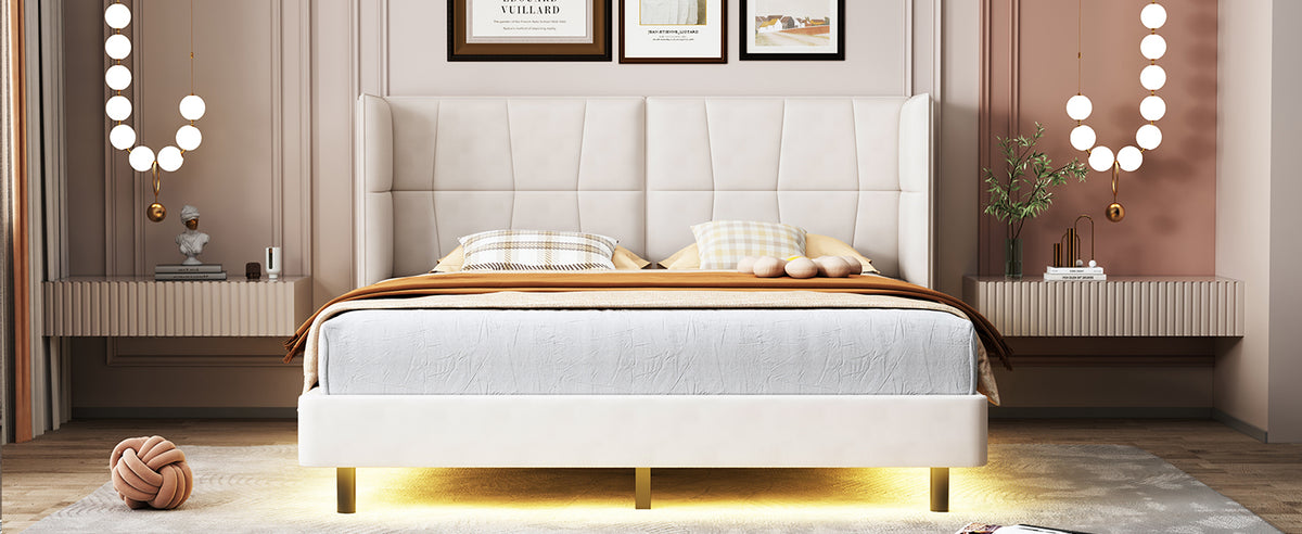 Letto Matrimoniale Imbottito con Luci LED e Testiera a U - Tessuto Lino Beige
