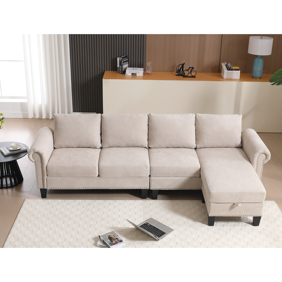 Divano Angolare Lino Beige 4 Posti
