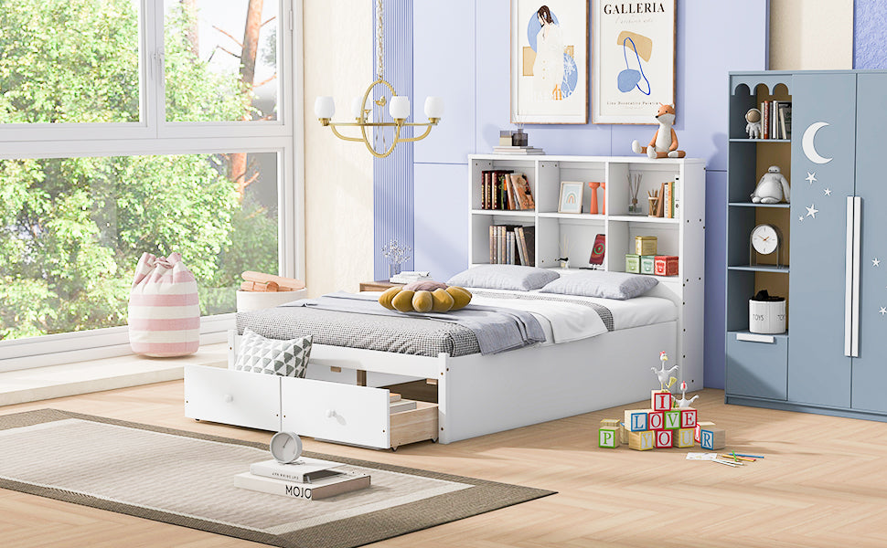 Letto Piattaforma Full con Testata, Ricarica e Cassetti — Bianco