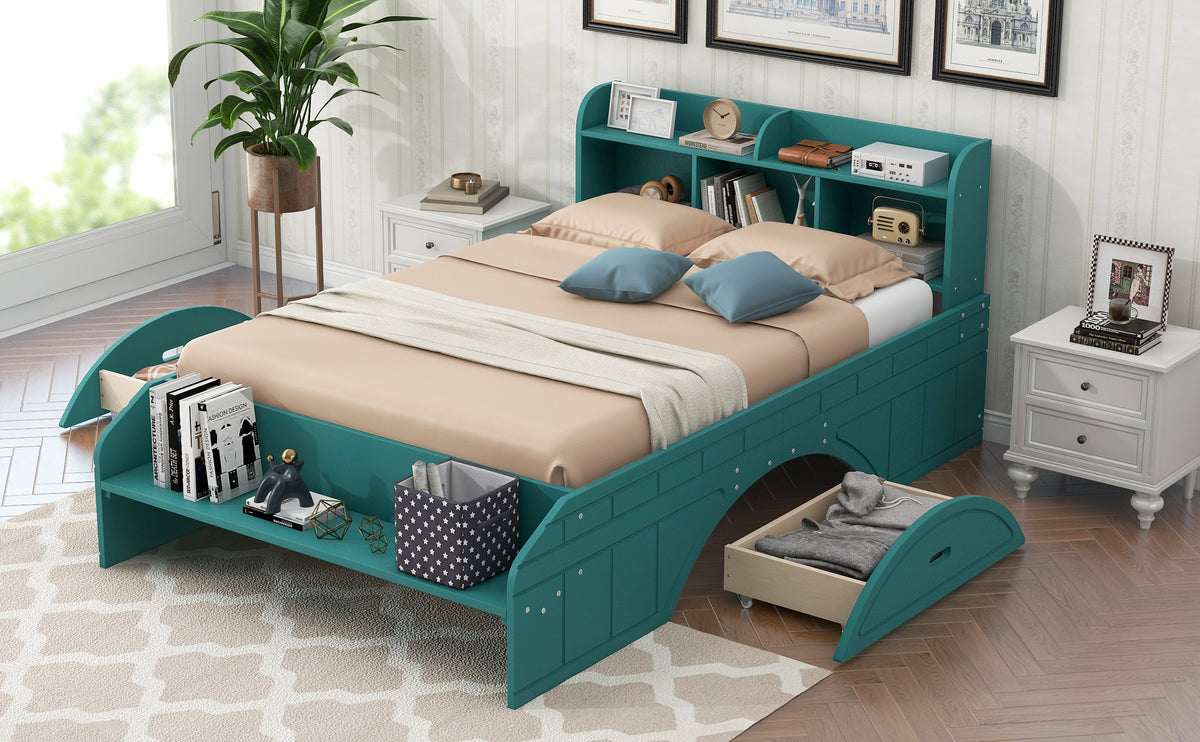 Letto Full Size in Legno con 2 Cassetti, Testiera e Pediera Contenitore - Verde Scuro
