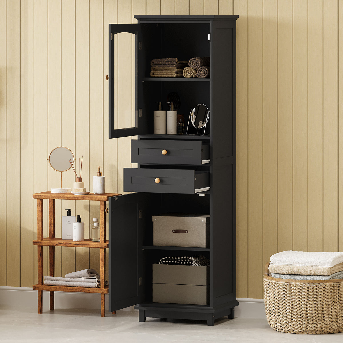 Mobile Bagno Alto Nero con Ante Vetro