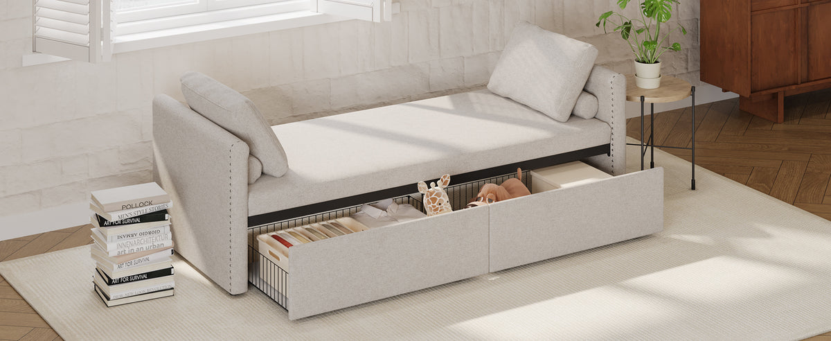 Poltrona Letto Imbottita 2 Cassetti Beige