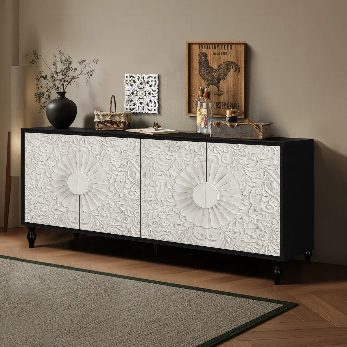 Mobile TV Vintage Bianco Porte Intagliate
