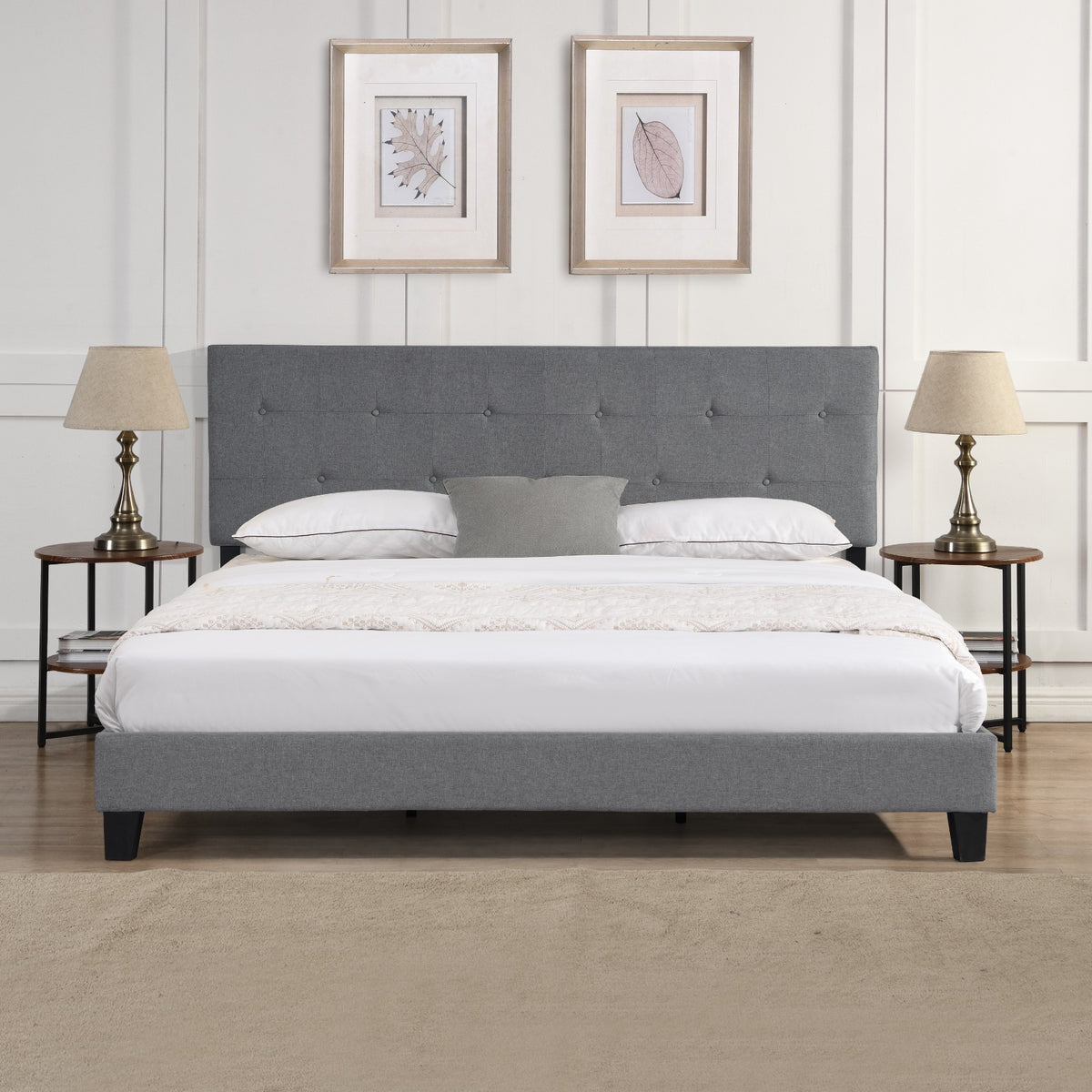 Letto King Size con Testiera Imbottita Grigia Elegante