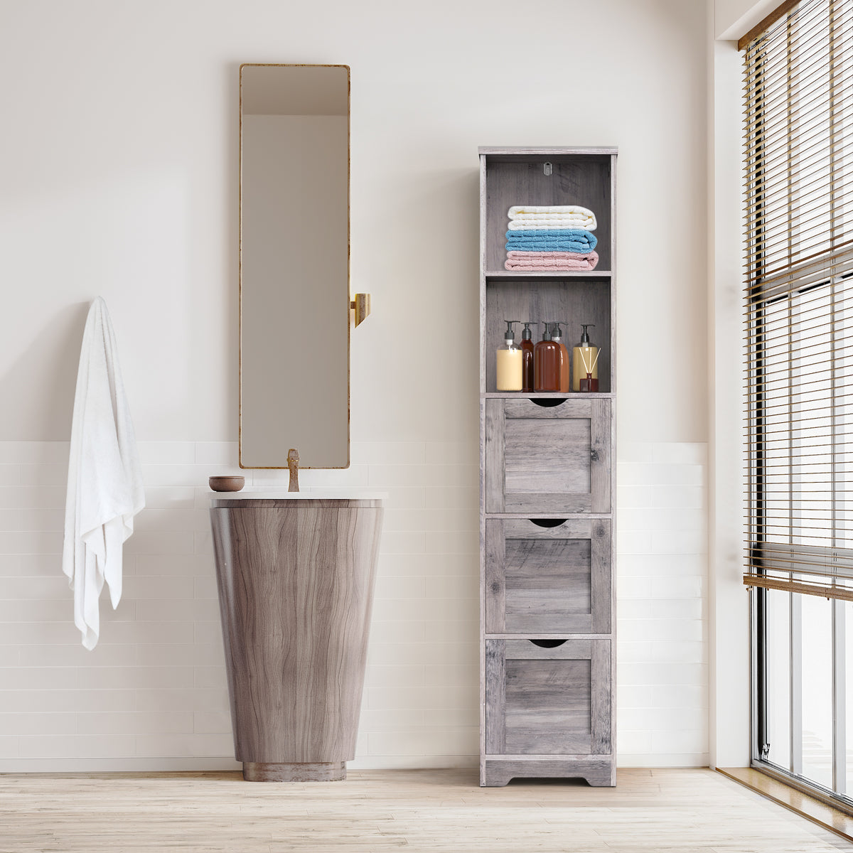 Mobile Bagno Alto 3 Cassetti 2 Mensole Grigio