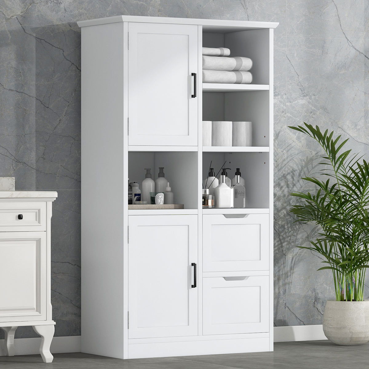 Mobile Bagno Porte Cassetti Ripiani Bianco