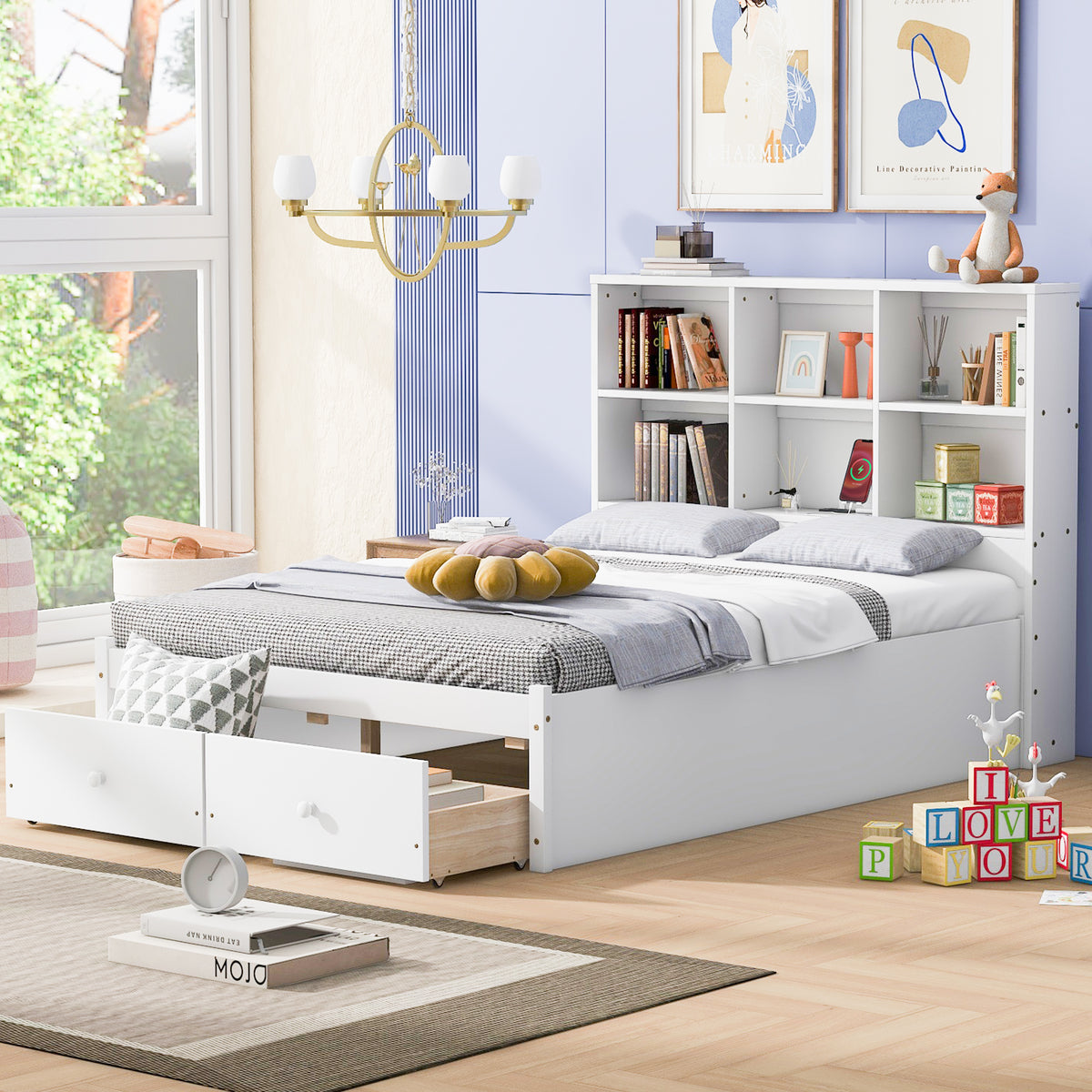 Letto Piattaforma Full con Testata, Ricarica e Cassetti — Bianco