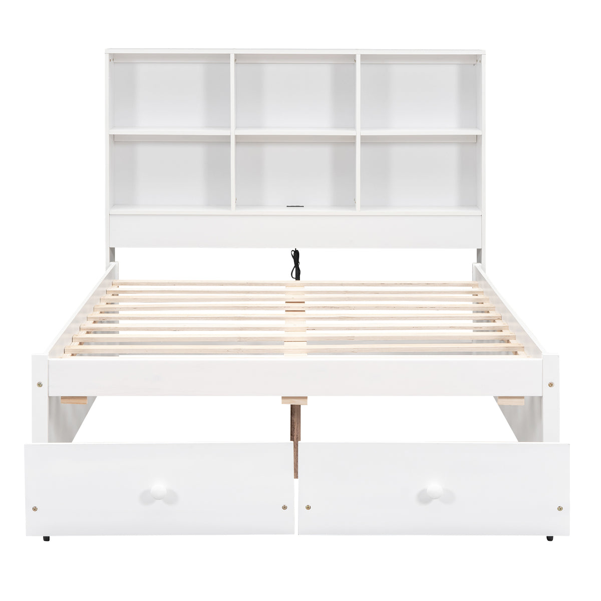 Letto Piattaforma Full con Testata, Ricarica e Cassetti — Bianco