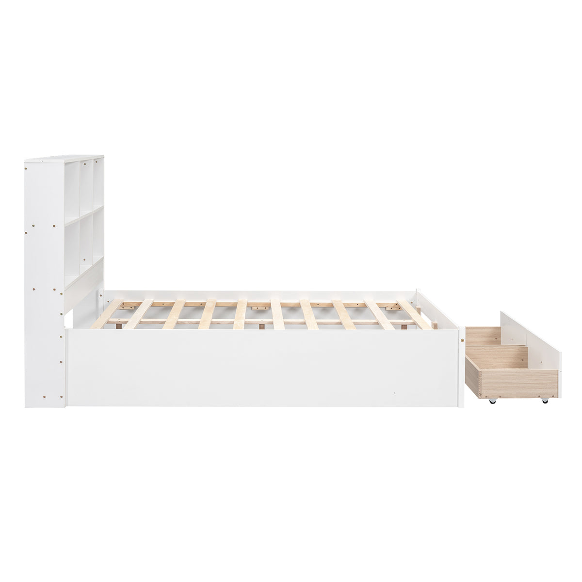 Letto Piattaforma Full con Testata, Ricarica e Cassetti — Bianco