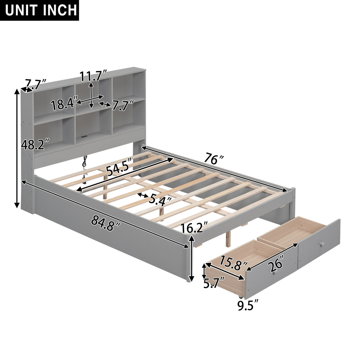 Letto Matrimoniale con Testiera Contenitore Grigio