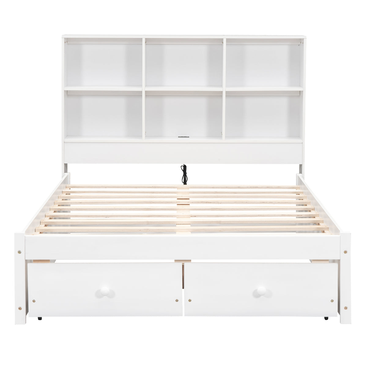 Letto Piattaforma Full con Testata, Ricarica e Cassetti — Bianco