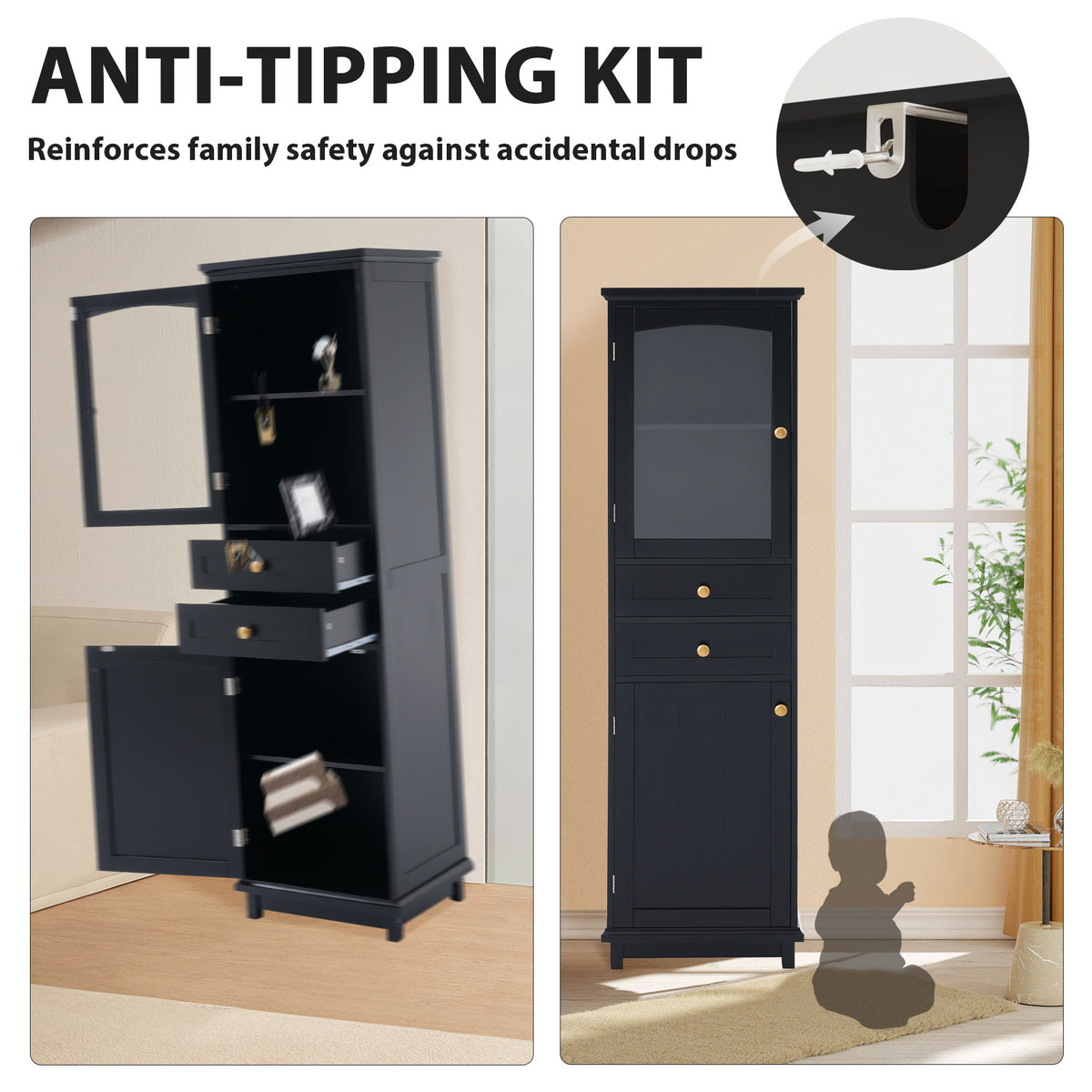 Mobile Bagno Alto Nero con Ante Vetro