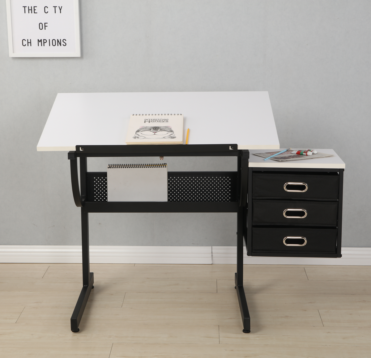 Tavolo Disegno Regolabile Bianco con Sgabello
