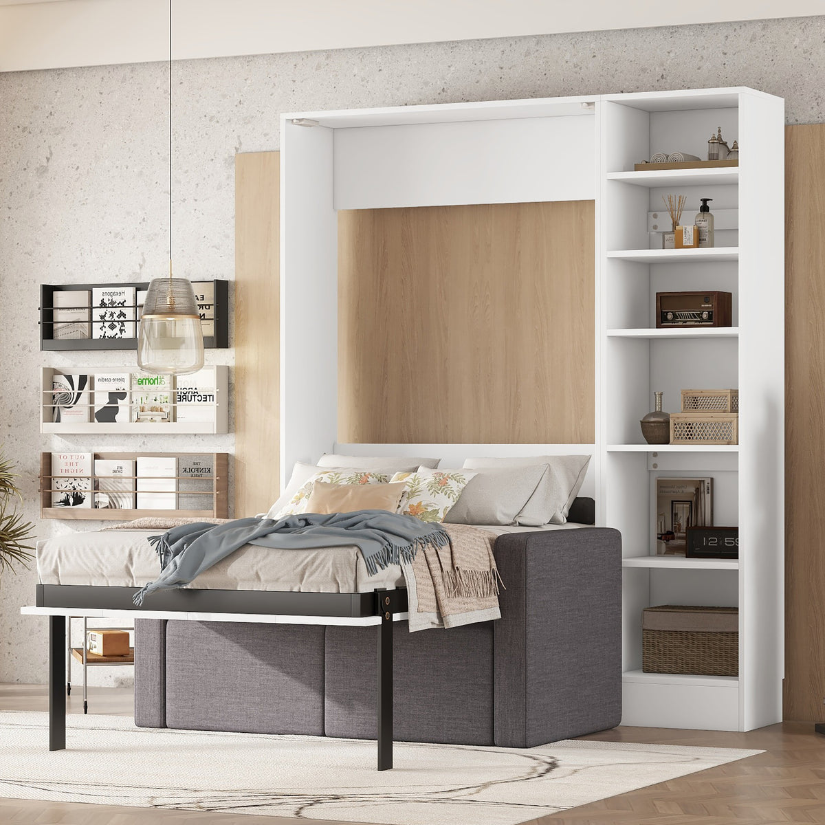 Letto a Scomparsa Singolo con Divano e Mensole Bianco