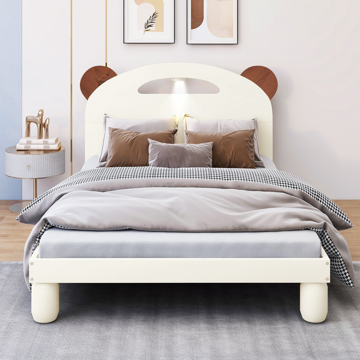 Letto Singolo in Legno con Testiera a Orecchie di Orso e LED - Bianco Crema