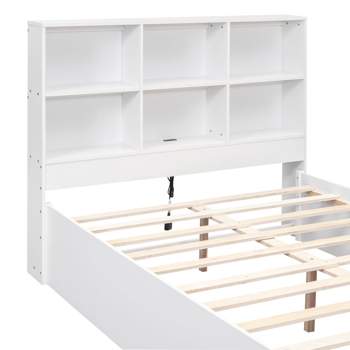 Letto Piattaforma Full con Testata, Ricarica e Cassetti — Bianco