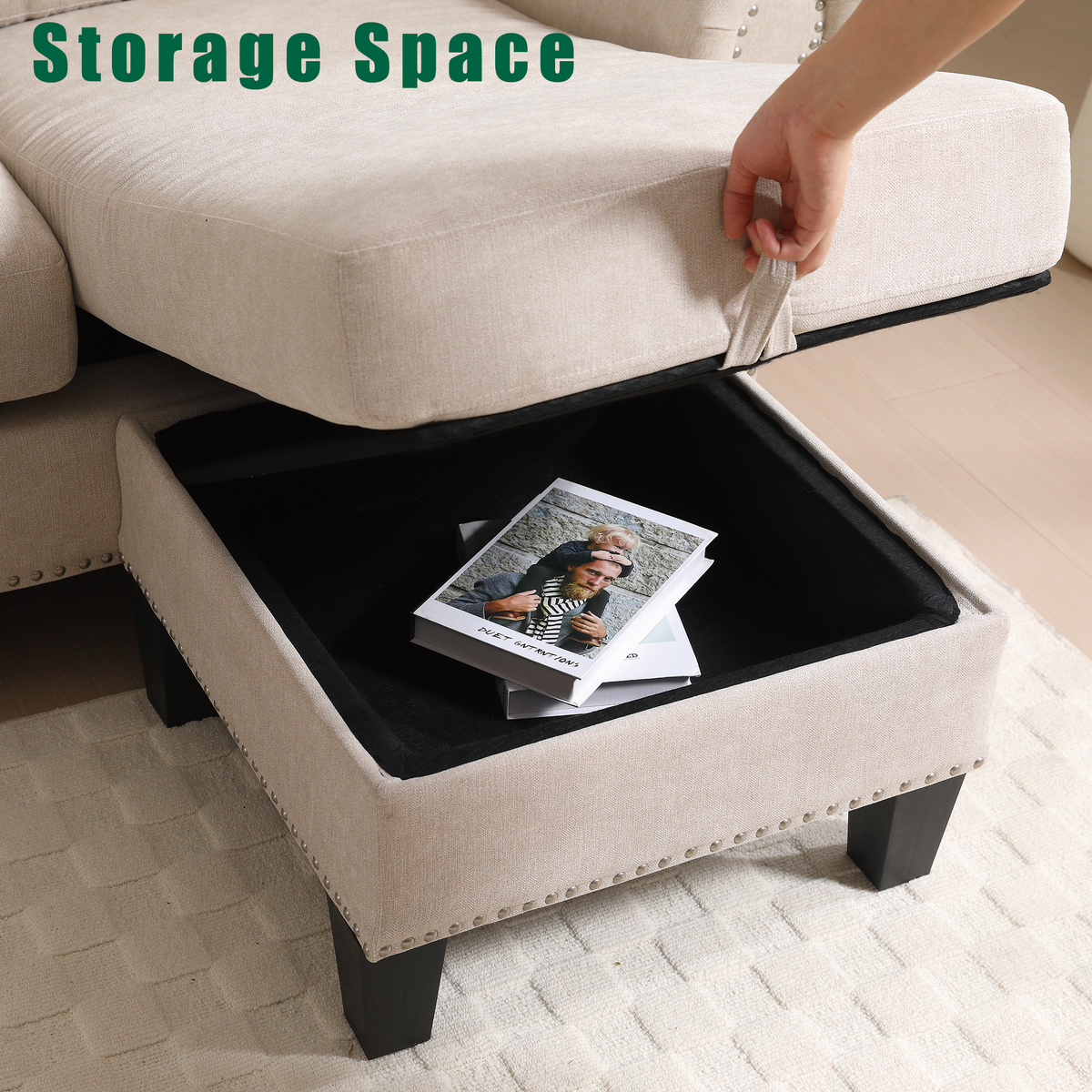 Divano Angolare Lino Beige 4 Posti