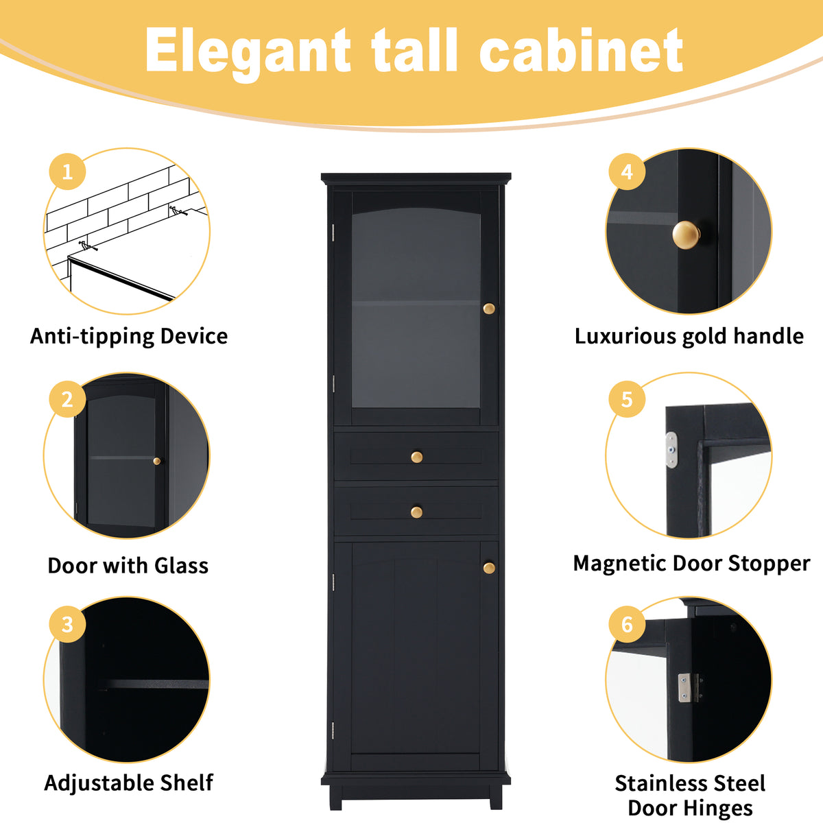 Mobile Bagno Alto Nero con Ante Vetro