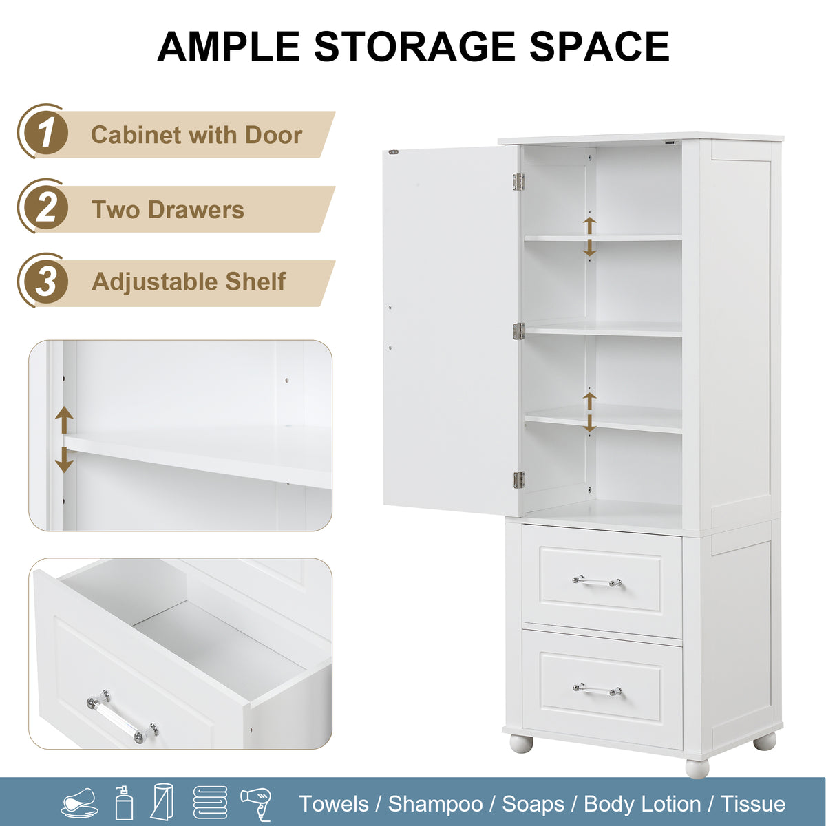 Armadietto Bagno Alto con Cassetti e Ripiano Regolabile