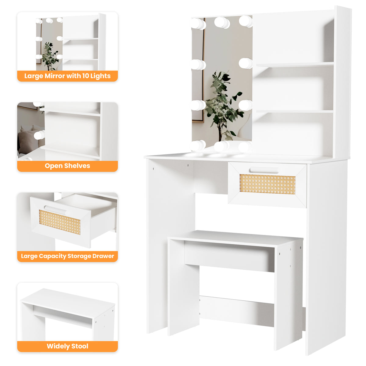 Toeletta Bianca con LED e Cassetti Legno