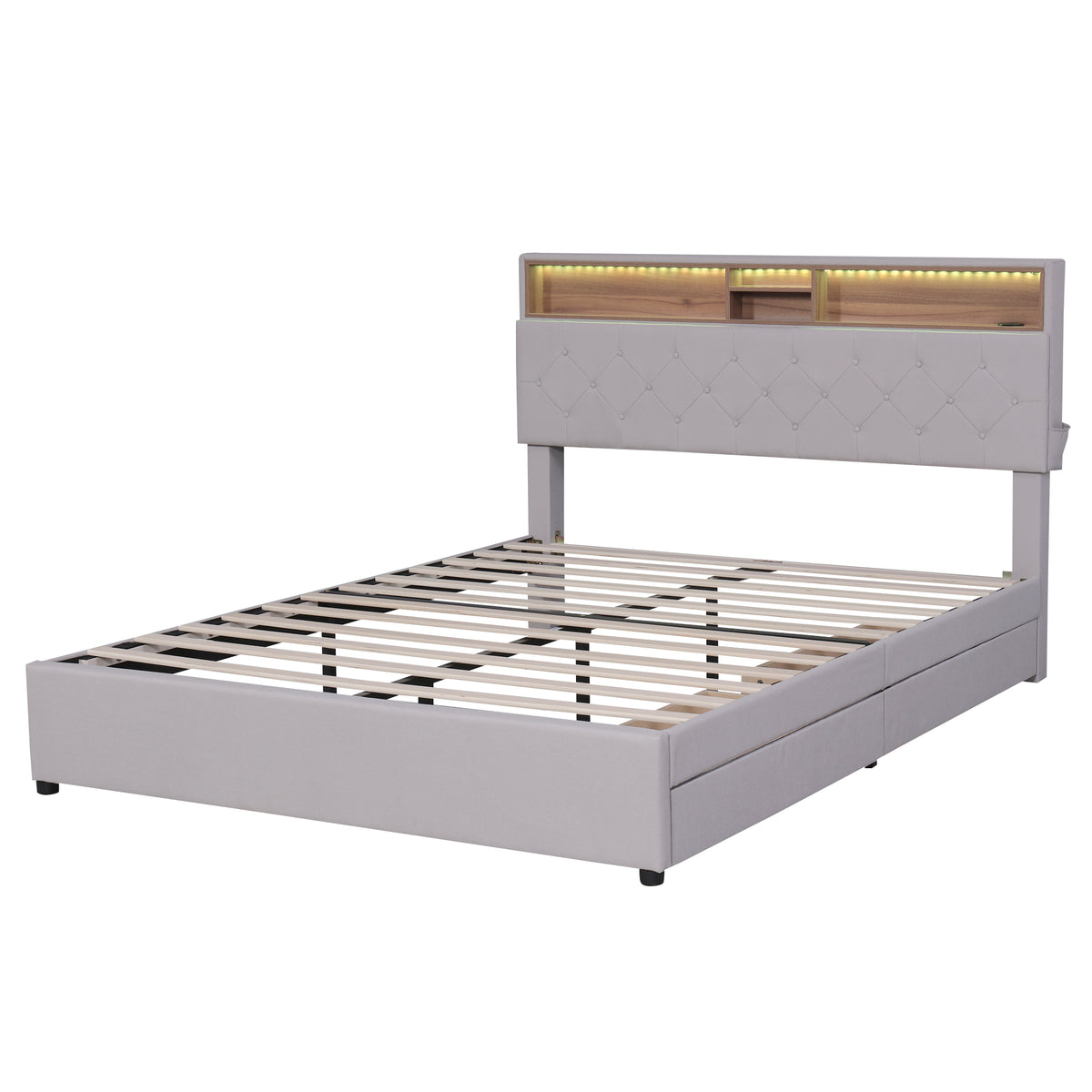 Letto Queen con LED e Ricarica USB Beige