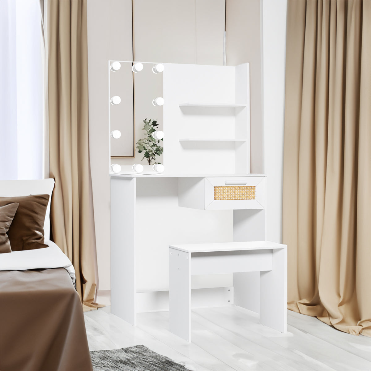 Toeletta Bianca con LED e Cassetti Legno