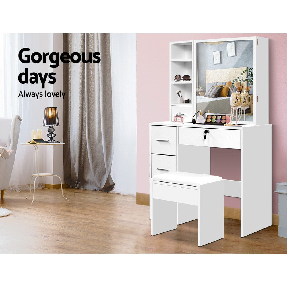 Dressing Table Stool Set Sliding Mirror White Diane-3