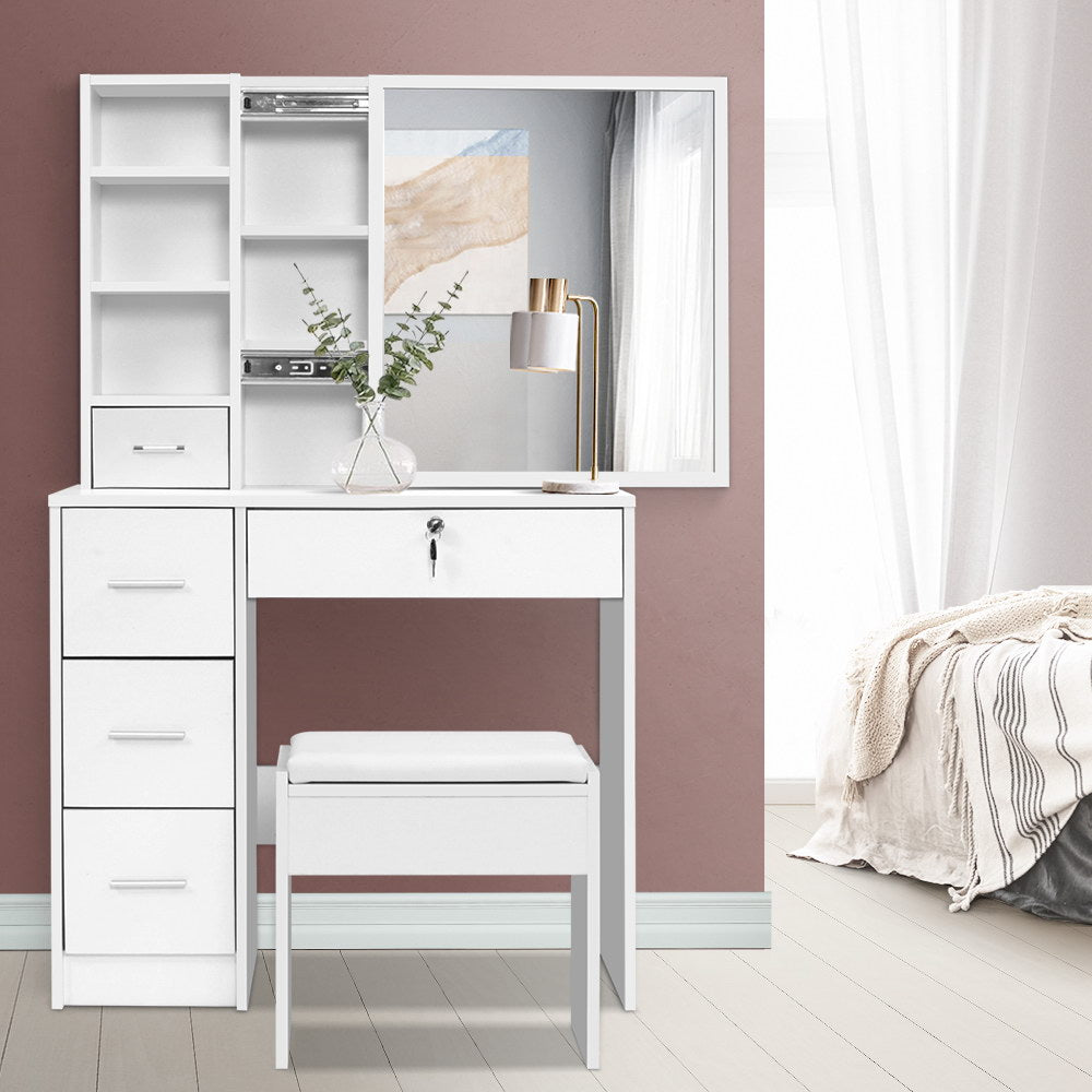 Dressing Table Stool Set Sliding Mirror White Diane-0